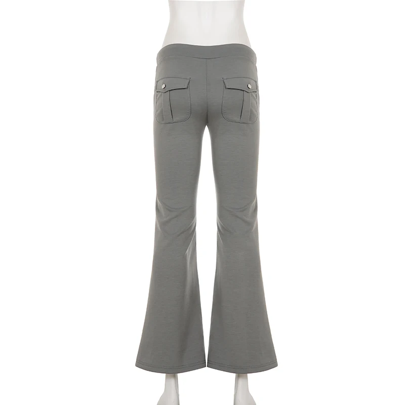 Women Y2K Low Waist Flare Sweatpants Grey Baggy Wide Leg Jogger Pants Drawstring High Street Casual Pocket Sweatpants Fashion
