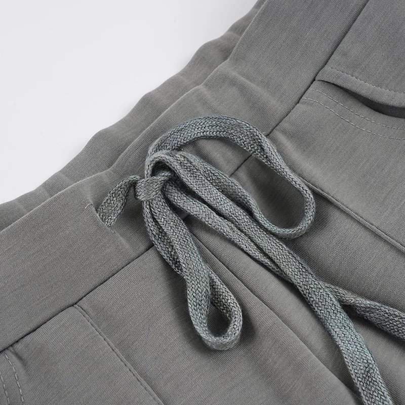 Women Y2K Low Waist Flare Sweatpants Grey Baggy Wide Leg Jogger Pants Drawstring High Street Casual Pocket Sweatpants Fashion