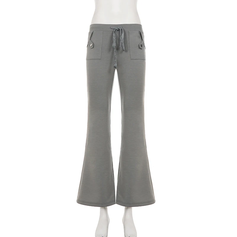 Women Y2K Low Waist Flare Sweatpants Grey Baggy Wide Leg Jogger Pants Drawstring High Street Casual Pocket Sweatpants Fashion