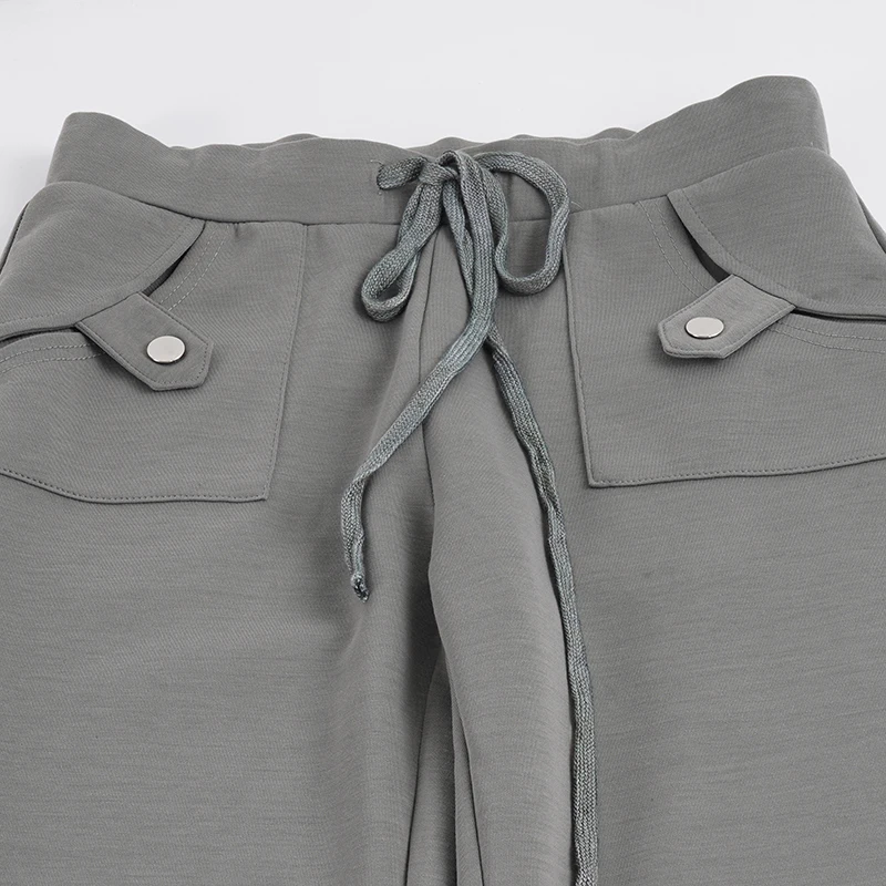 Women Y2K Low Waist Flare Sweatpants Grey Baggy Wide Leg Jogger Pants Drawstring High Street Casual Pocket Sweatpants Fashion