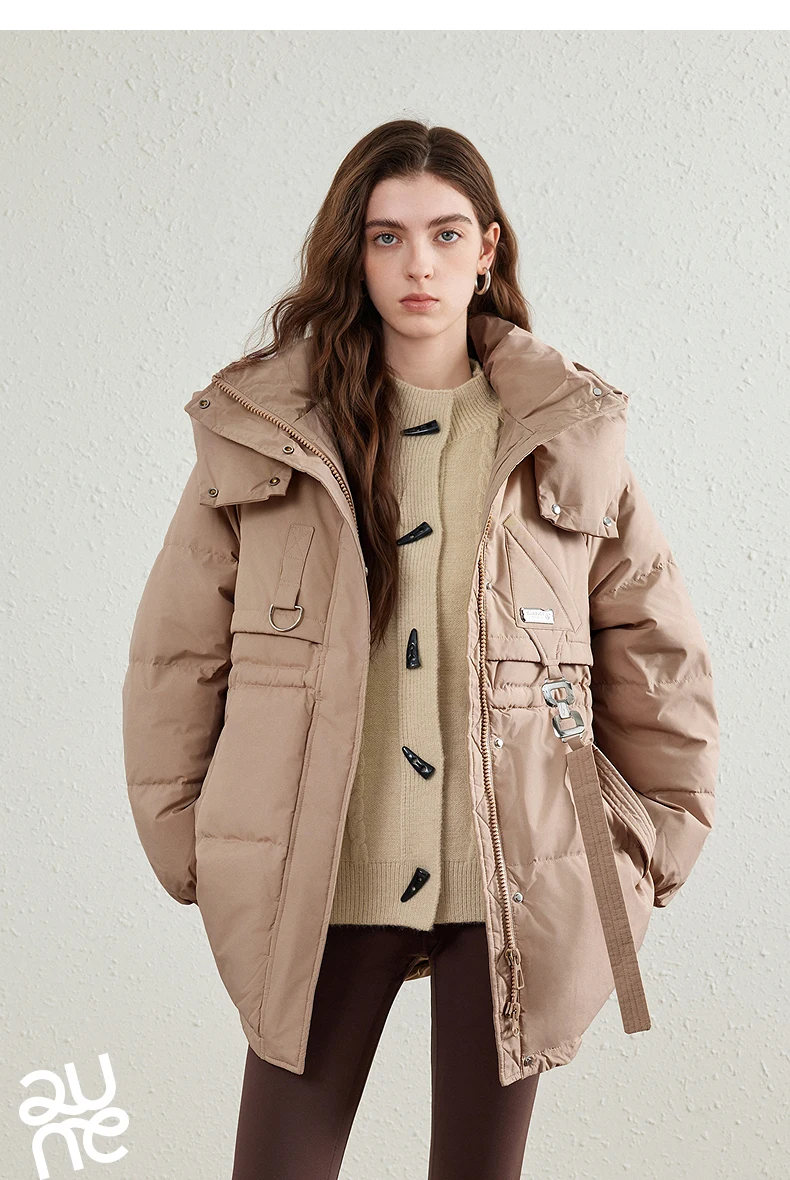TOYOUTH Women's White Duck Down Coat 2026 Winter New Urban Functional Hooded Waist Cinched Windproof Outerwear