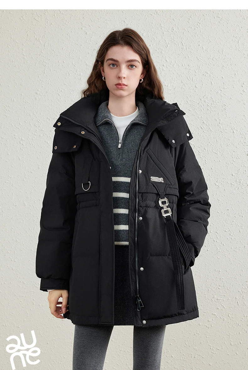 TOYOUTH Women's White Duck Down Coat 2026 Winter New Urban Functional Hooded Waist Cinched Windproof Outerwear