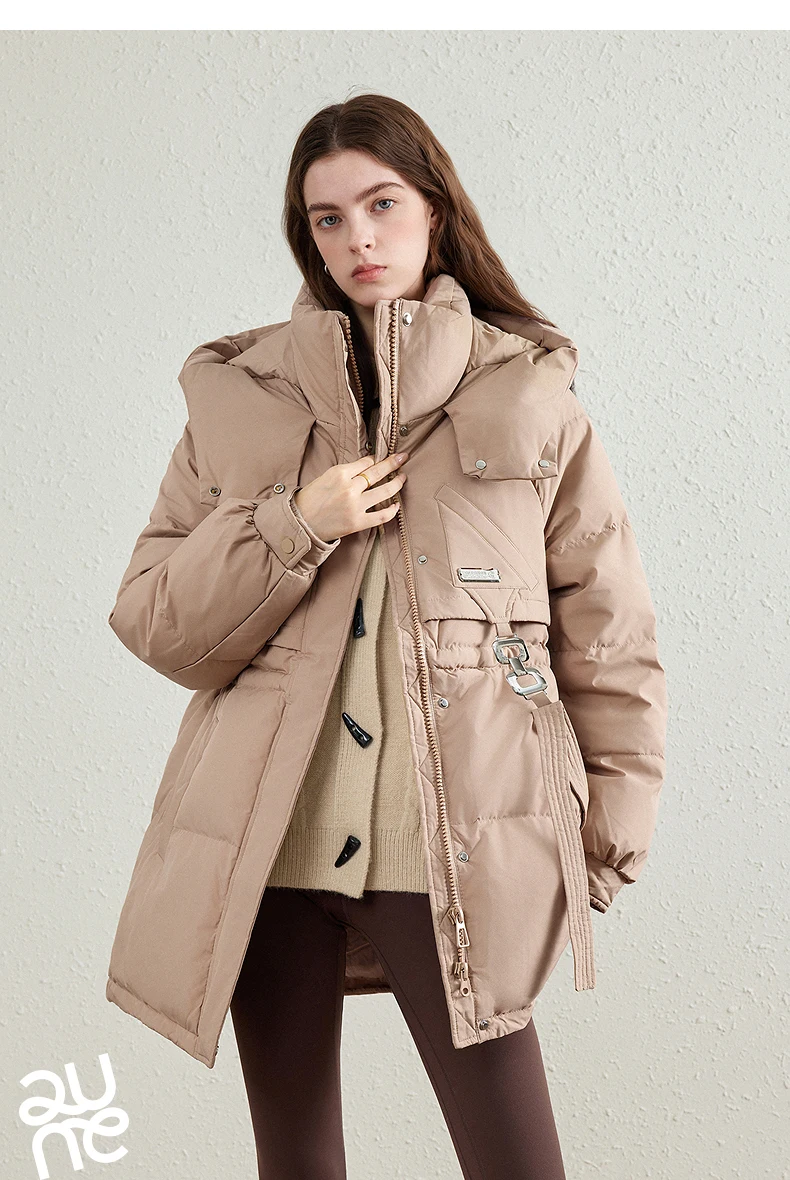 TOYOUTH Women's White Duck Down Coat 2026 Winter New Urban Functional Hooded Waist Cinched Windproof Outerwear