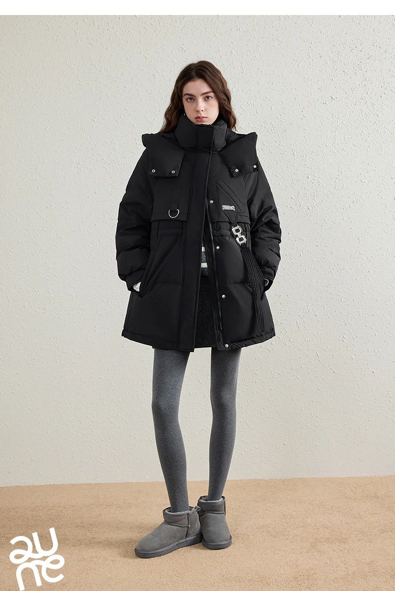 TOYOUTH Women's White Duck Down Coat 2026 Winter New Urban Functional Hooded Waist Cinched Windproof Outerwear