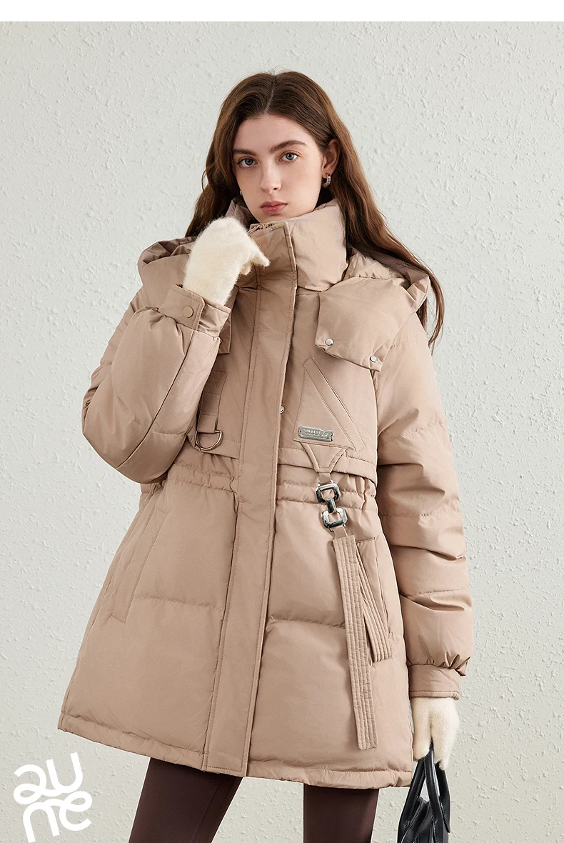 TOYOUTH Women's White Duck Down Coat 2026 Winter New Urban Functional Hooded Waist Cinched Windproof Outerwear