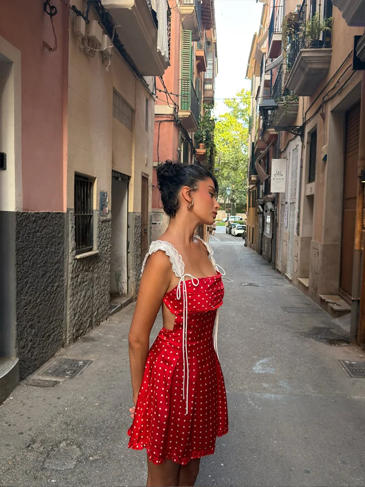 Women Lace Patchwork Polka Dot Printed Mini Dresses Sexy Club Streetwears Holiday Casual Camisole Sheath Vestidos Slim Fits