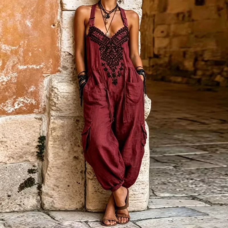 Women Sling Jumpsuit Ethnic Print V Neck High Waist Cargo Pocket Loose Harem Jogger Romper Bohemian Summer Beach One Piece Suits