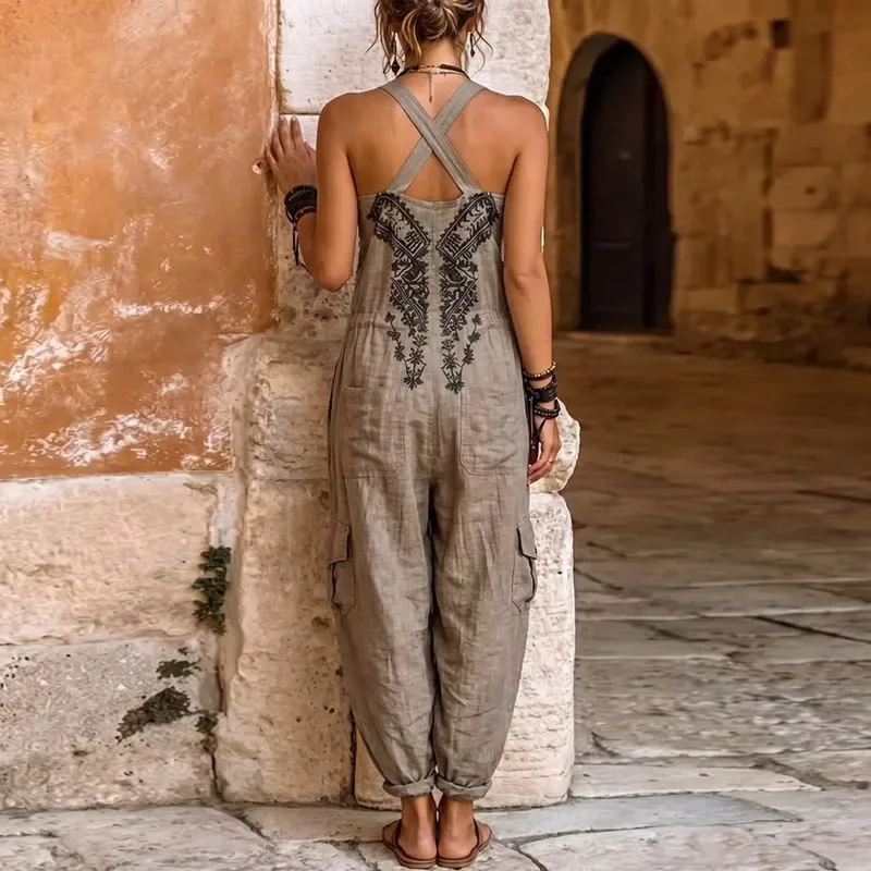 Women Sling Jumpsuit Ethnic Print V Neck High Waist Cargo Pocket Loose Harem Jogger Romper Bohemian Summer Beach One Piece Suits