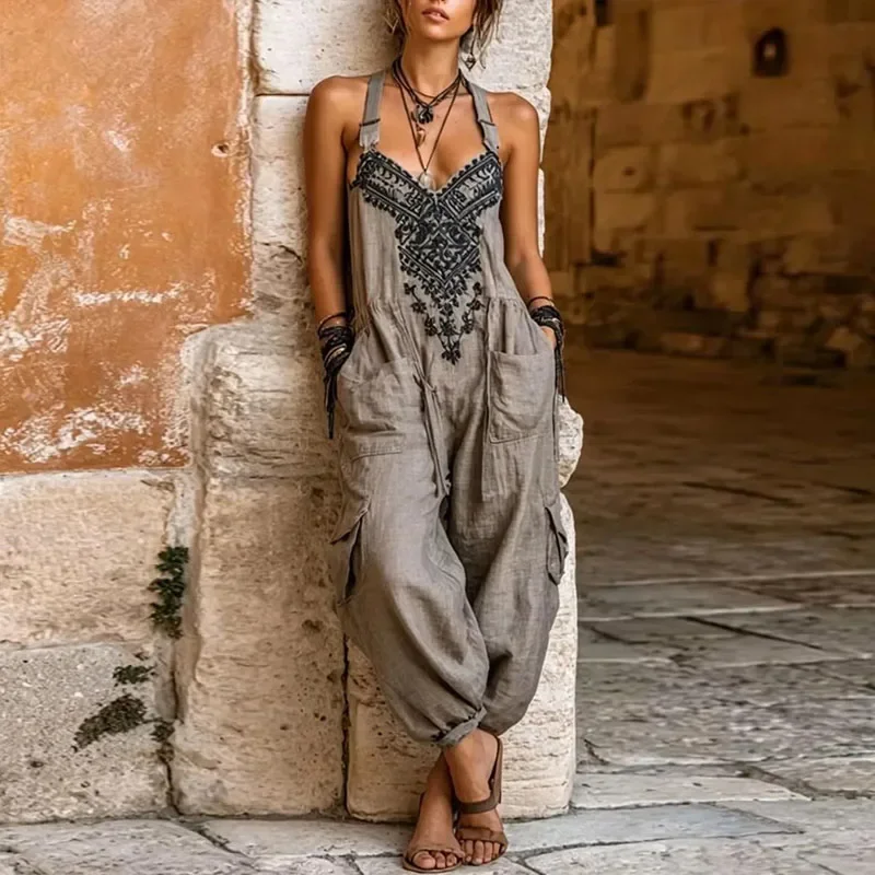 Women Sling Jumpsuit Ethnic Print V Neck High Waist Cargo Pocket Loose Harem Jogger Romper Bohemian Summer Beach One Piece Suits