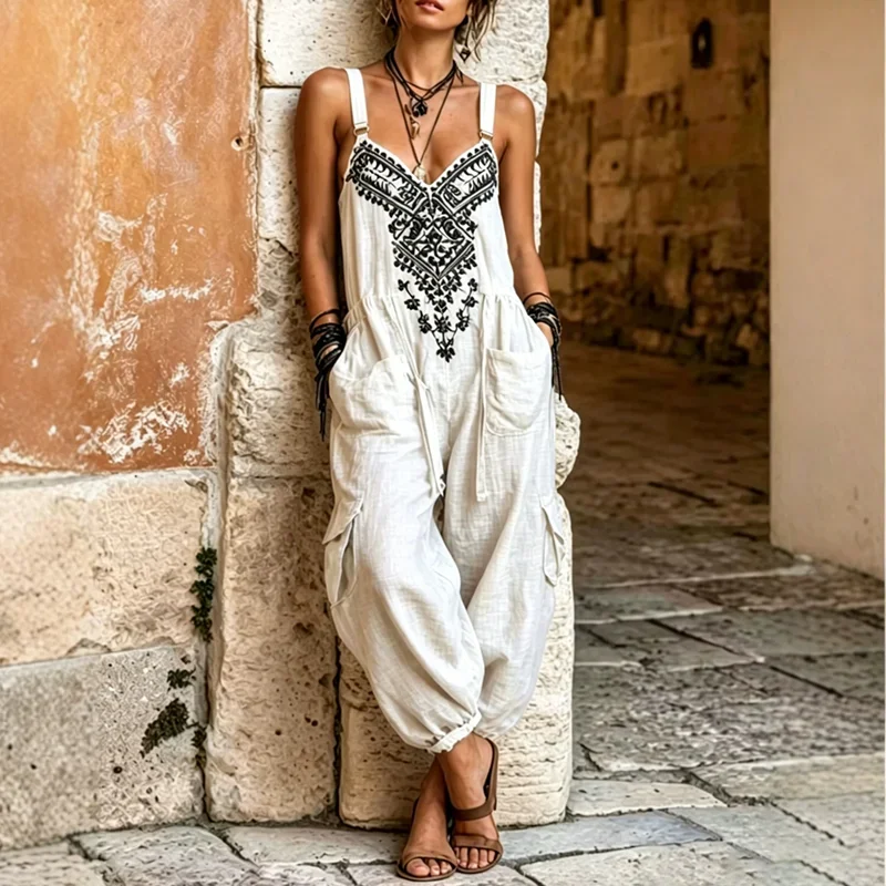 Women Sling Jumpsuit Ethnic Print V Neck High Waist Cargo Pocket Loose Harem Jogger Romper Bohemian Summer Beach One Piece Suits