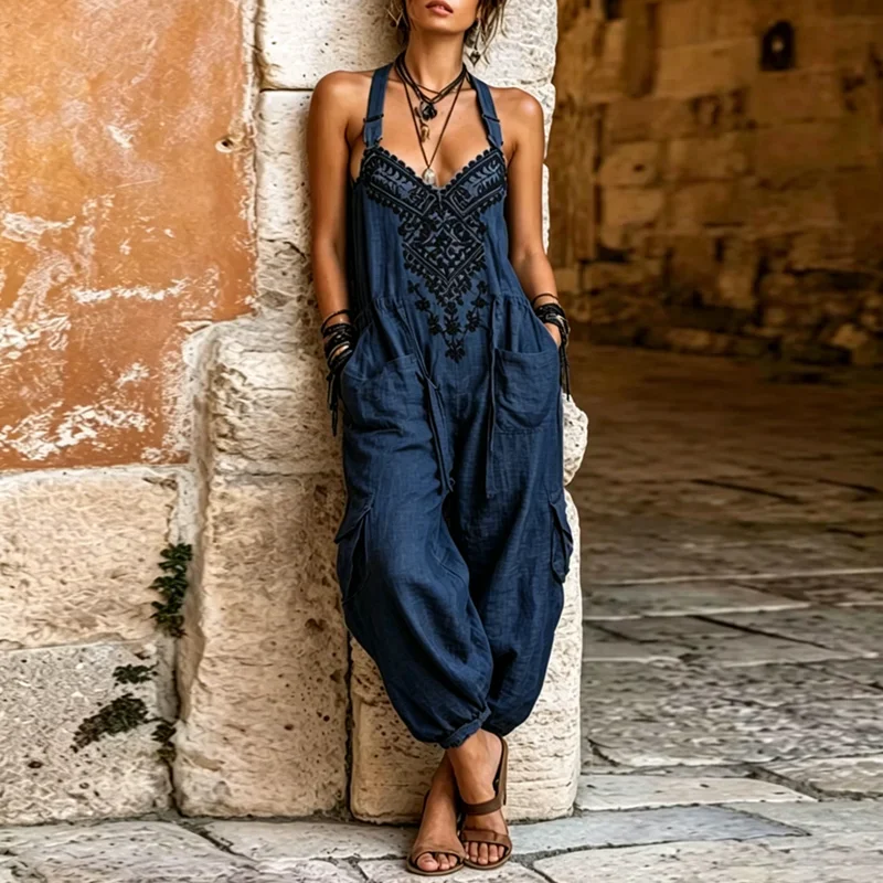 Women Sling Jumpsuit Ethnic Print V Neck High Waist Cargo Pocket Loose Harem Jogger Romper Bohemian Summer Beach One Piece Suits