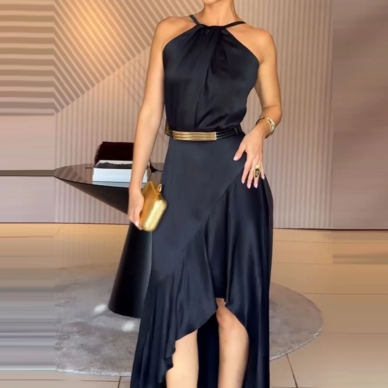 Women Sexy Halter Satin Slim Party Dress Spring Solid High Waist Ruffle Irregular Long Dress Summer Sleeveless Hollow Boho Dress