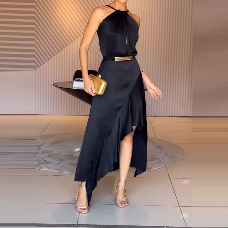 Women Sexy Halter Satin Slim Party Dress Spring Solid High Waist Ruffle Irregular Long Dress Summer Sleeveless Hollow Boho Dress