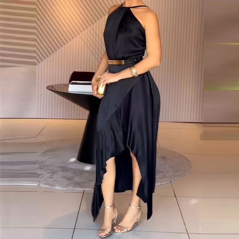 Women Sexy Halter Satin Slim Party Dress Spring Solid High Waist Ruffle Irregular Long Dress Summer Sleeveless Hollow Boho Dress