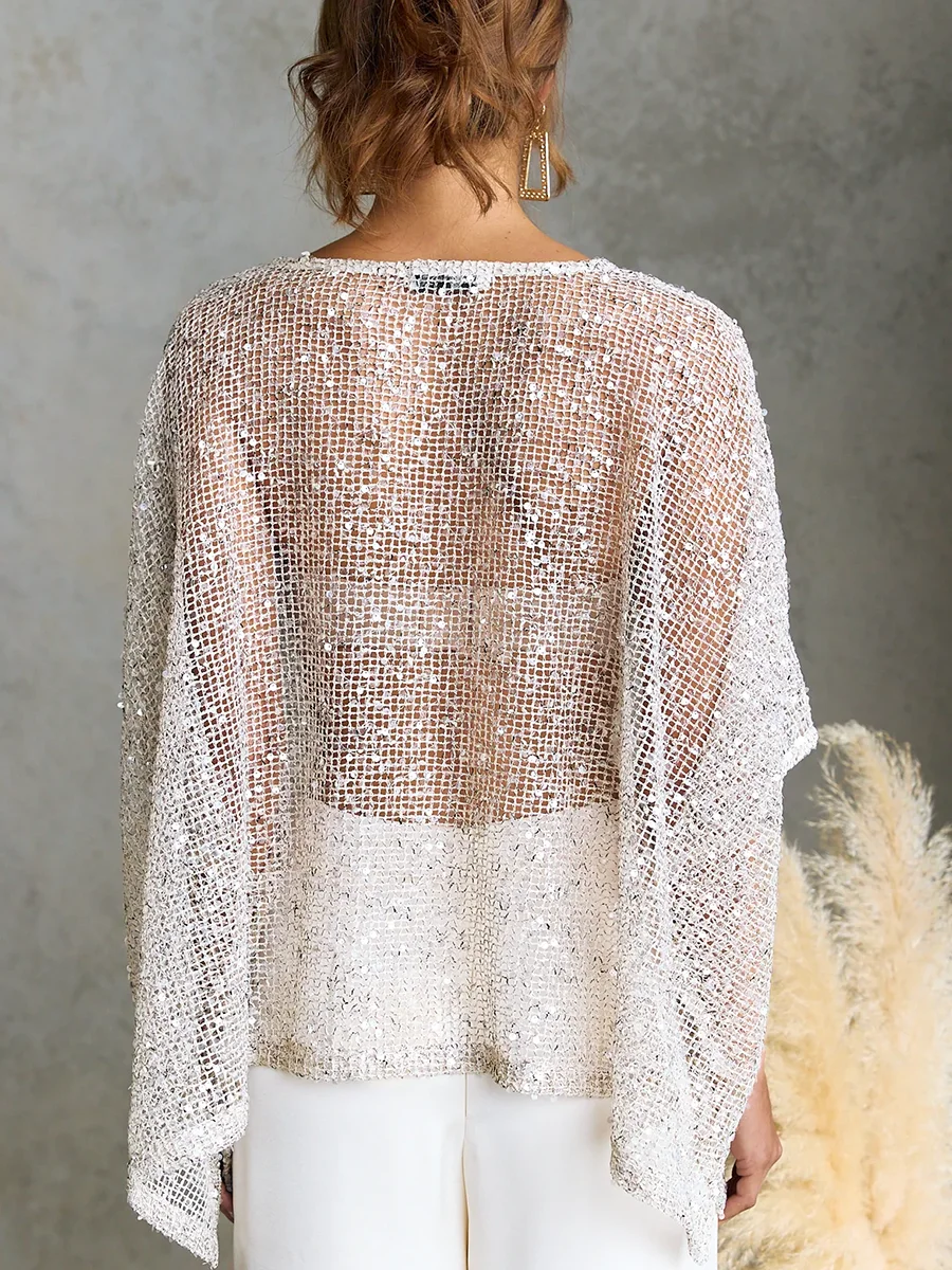 LIMO Women Sequin Mesh Off Shoulder Blouse Batwing Sleeve Loose Irregular Hem See Through Top
