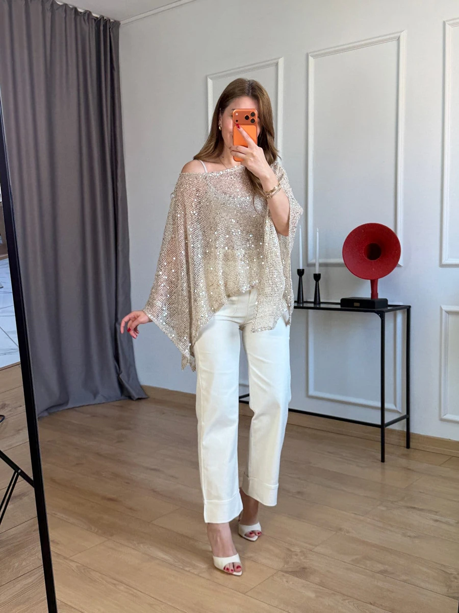 LIMO Women Sequin Mesh Off Shoulder Blouse Batwing Sleeve Loose Irregular Hem See Through Top