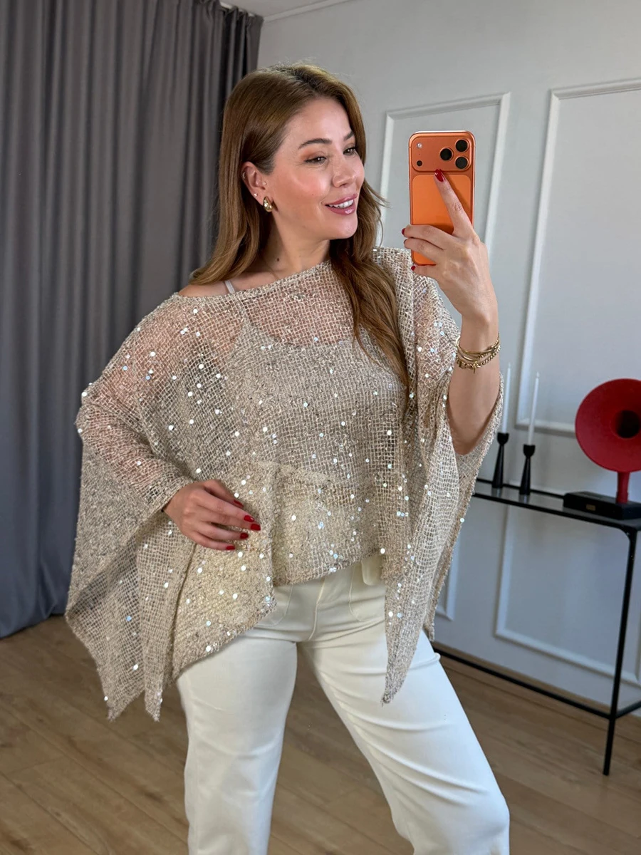 LIMO Women Sequin Mesh Off Shoulder Blouse Batwing Sleeve Loose Irregular Hem See Through Top