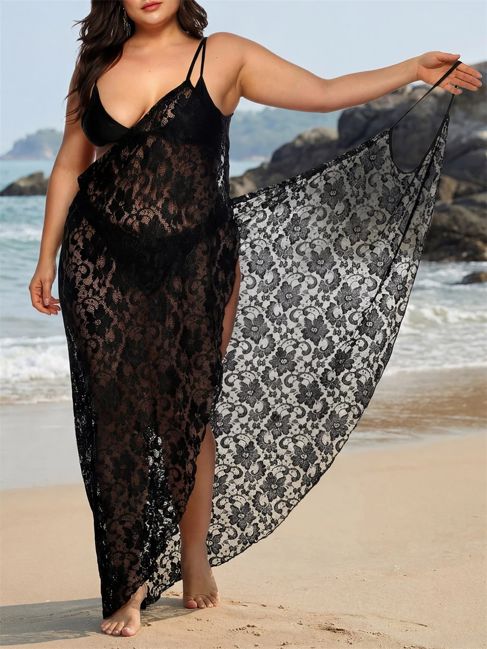 GIBSIE Plus Size Sexy See-through Lace Beach Dress Women Summer Backless Swimsuit Woman Tunic Bikini Cover Up Beach Outfits