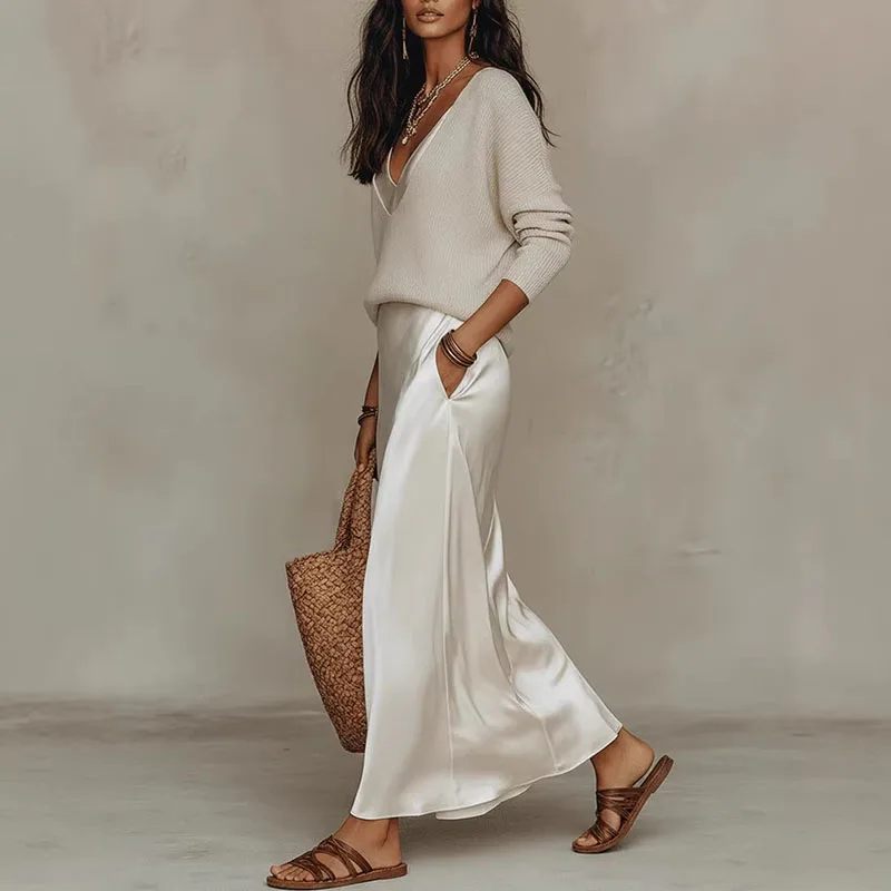 Spring Long Sleeve Loose Sweater Women's Set Elegant V Neck Satin Long Dress Suit Summer Casual Slim Vacation Beach Outfit Mujer