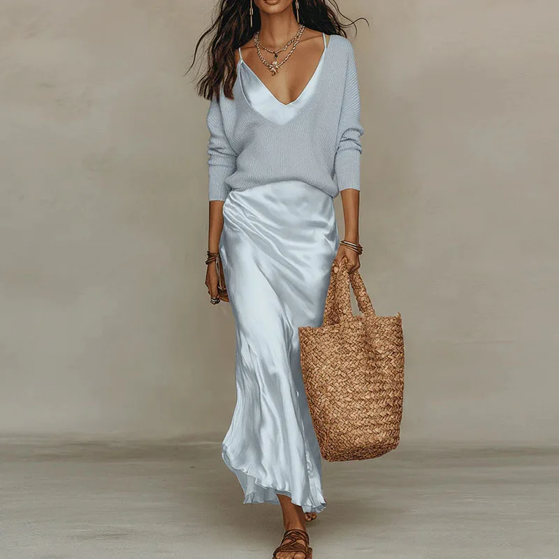 Spring Long Sleeve Loose Sweater Women's Set Elegant V Neck Satin Long Dress Suit Summer Casual Slim Vacation Beach Outfit Mujer