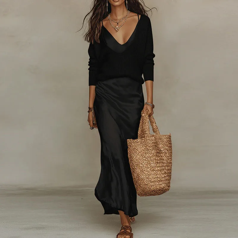 Spring Long Sleeve Loose Sweater Women's Set Elegant V Neck Satin Long Dress Suit Summer Casual Slim Vacation Beach Outfit Mujer
