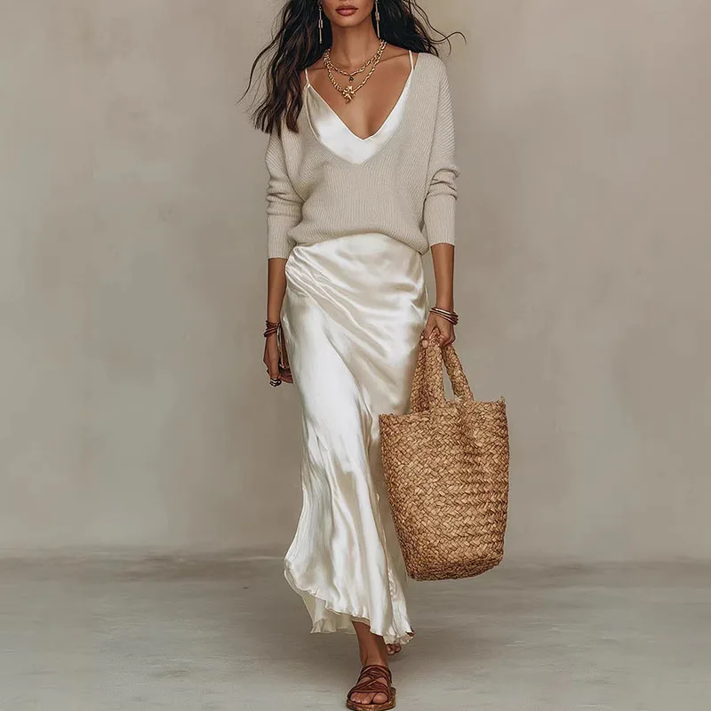 Spring Long Sleeve Loose Sweater Women's Set Elegant V Neck Satin Long Dress Suit Summer Casual Slim Vacation Beach Outfit Mujer