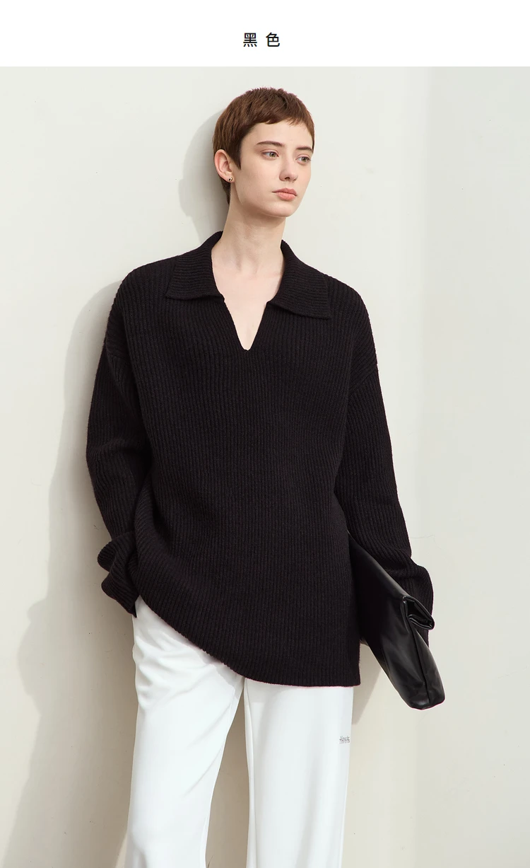 Amii Women's Sweater 2026 Winter New V-neck Loose Long Sleeve Solid Knit Sweater Ladies Basic Versatile Pullover Top 12444194
