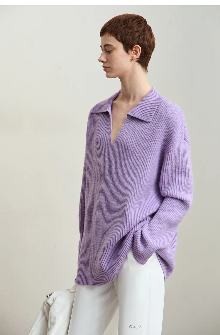 Amii Women's Sweater 2026 Winter New V-neck Loose Long Sleeve Solid Knit Sweater Ladies Basic Versatile Pullover Top 12444194