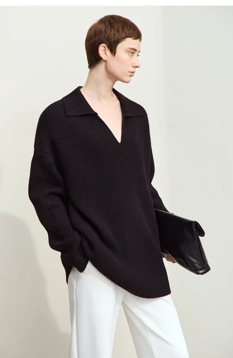 Amii Women's Sweater 2026 Winter New V-neck Loose Long Sleeve Solid Knit Sweater Ladies Basic Versatile Pullover Top 12444194