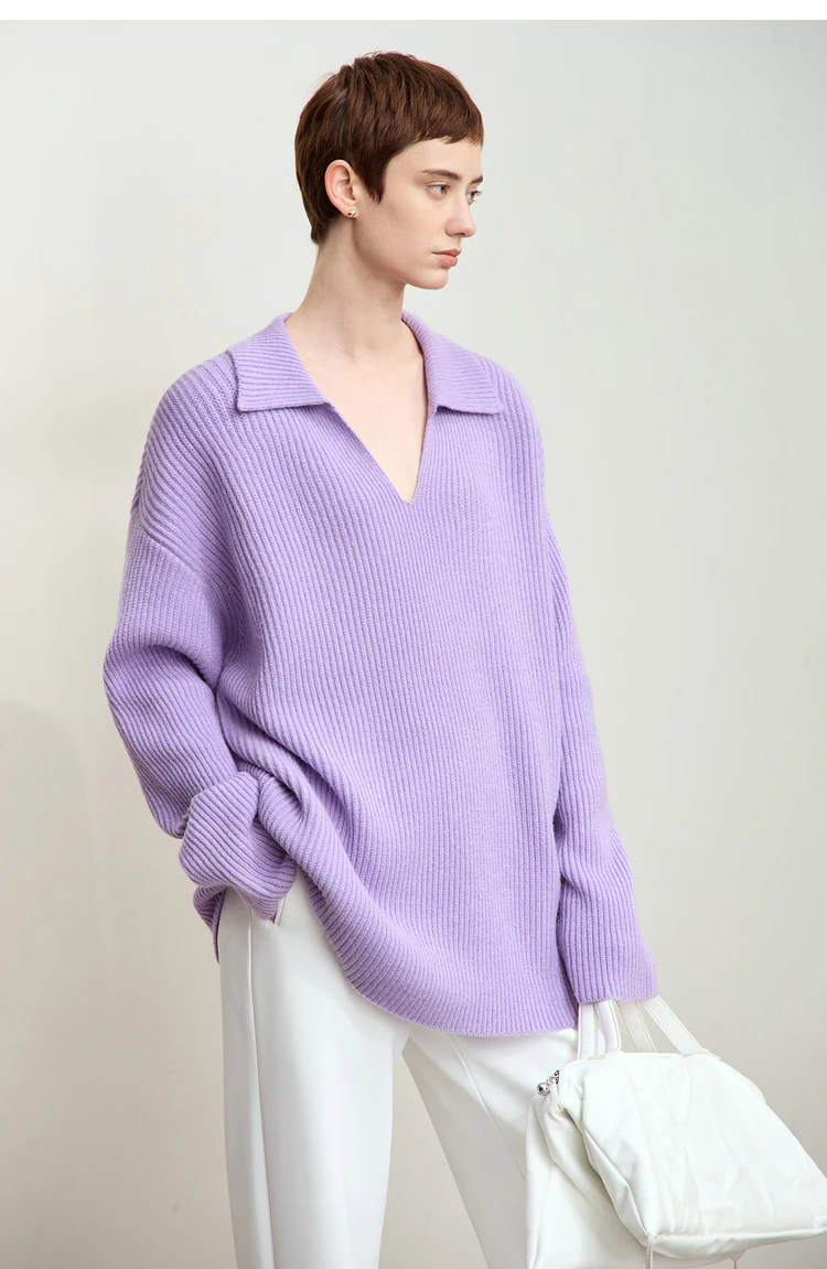 Amii Women's Sweater 2026 Winter New V-neck Loose Long Sleeve Solid Knit Sweater Ladies Basic Versatile Pullover Top 12444194