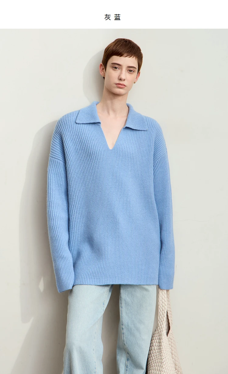 Amii Women's Sweater 2026 Winter New V-neck Loose Long Sleeve Solid Knit Sweater Ladies Basic Versatile Pullover Top 12444194