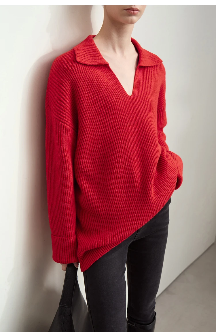 Amii Women's Sweater 2026 Winter New V-neck Loose Long Sleeve Solid Knit Sweater Ladies Basic Versatile Pullover Top 12444194