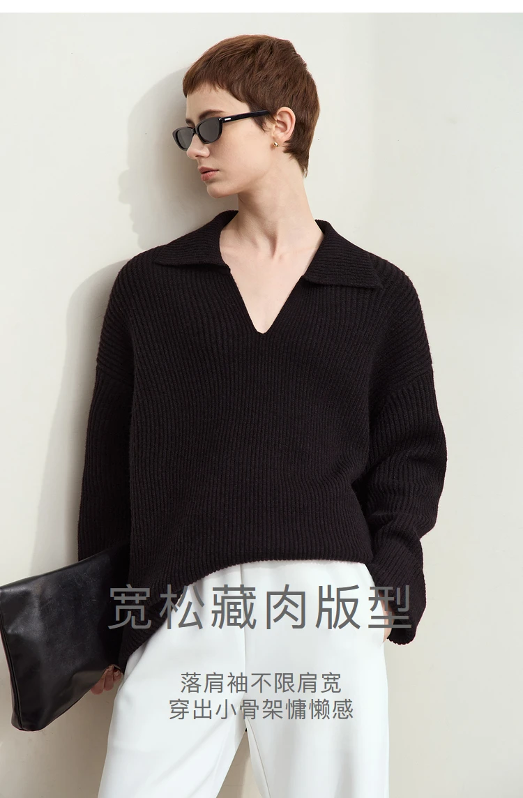 Amii Women's Sweater 2026 Winter New V-neck Loose Long Sleeve Solid Knit Sweater Ladies Basic Versatile Pullover Top 12444194