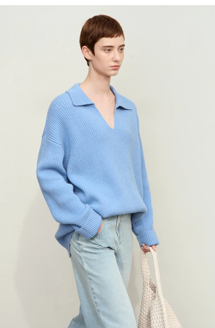 Amii Women's Sweater 2026 Winter New V-neck Loose Long Sleeve Solid Knit Sweater Ladies Basic Versatile Pullover Top 12444194