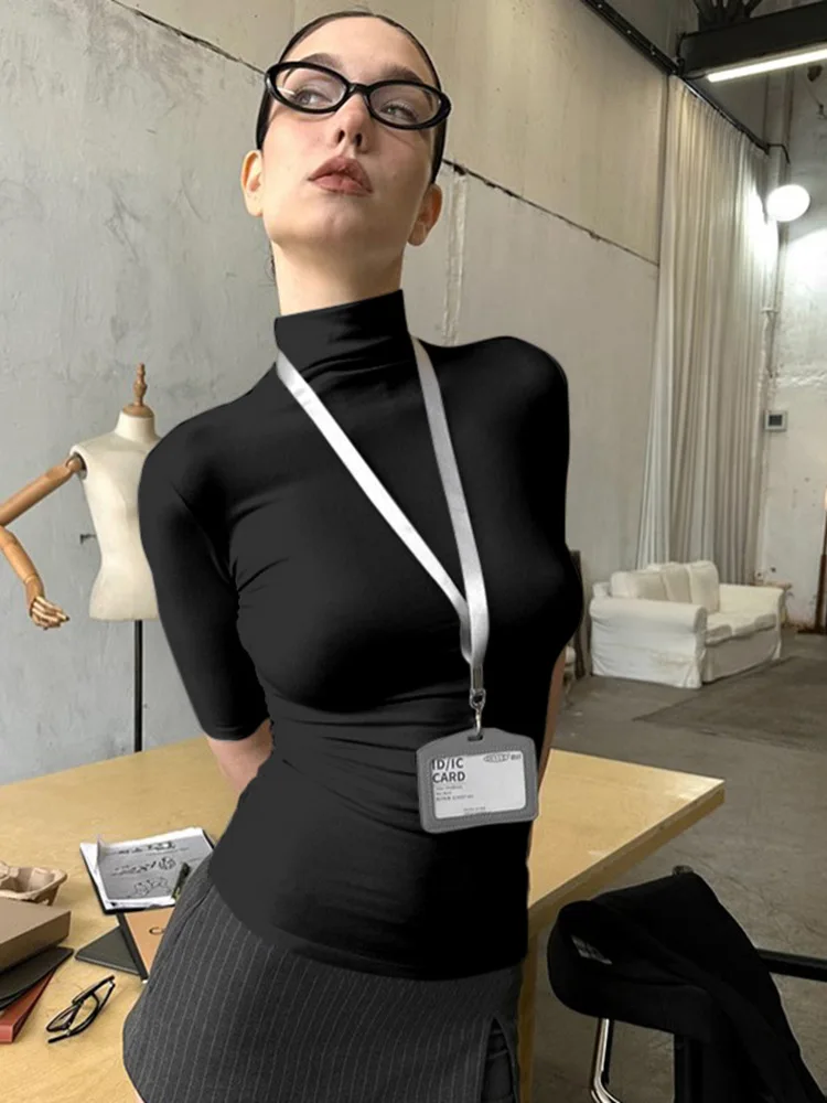 Minimalist Solid Mock Turtleneck Women Top Half Sleeve Slim Fitted Stretch Knit Basic Tee Elegant Office Commuter Layering Shirt