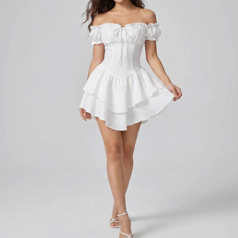 Summer New Women Commute Short Dress Fashion One-shoulder Pure Color Ruffles Cake Dress Elegant High Waist Slim Party Mini Dress