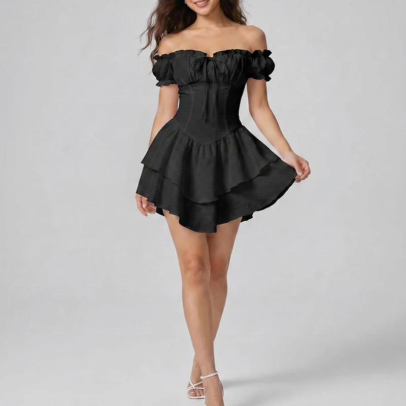 Summer New Women Commute Short Dress Fashion One-shoulder Pure Color Ruffles Cake Dress Elegant High Waist Slim Party Mini Dress