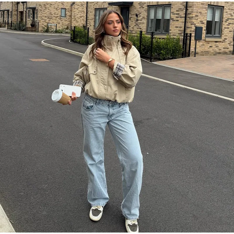 Fashion Stand Collar Strap Buckle Long Sleeve Jacket Utility Pocket Cropped 2026 Fall Casual Women Outerwear Chic Lady Coat