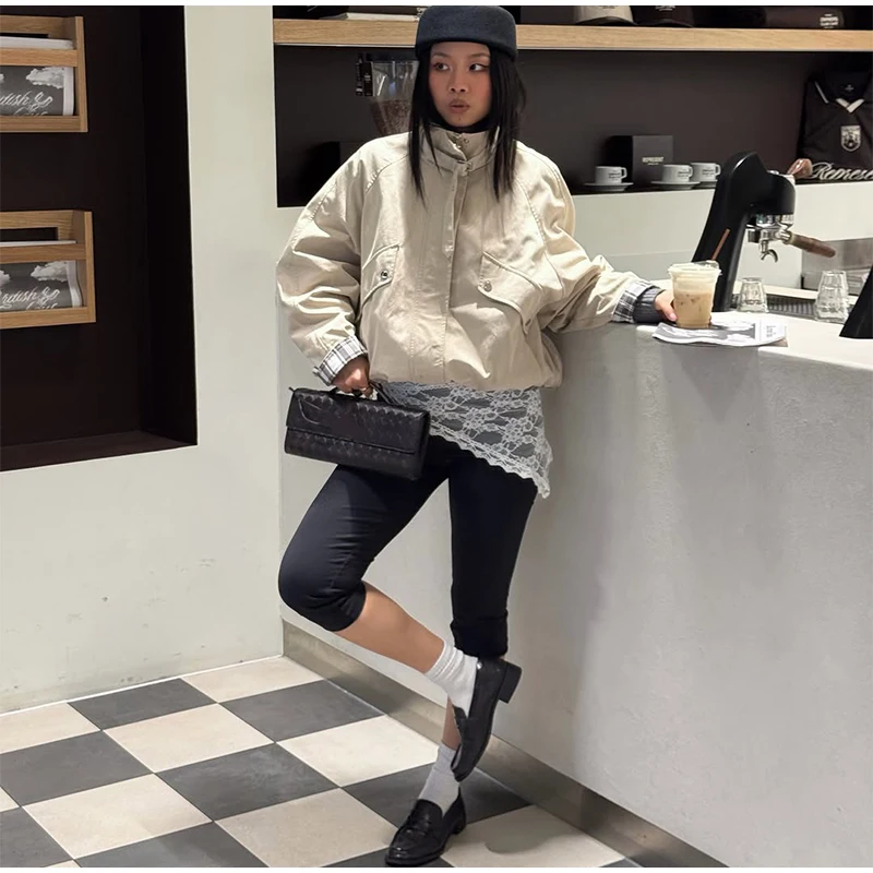 Fashion Stand Collar Strap Buckle Long Sleeve Jacket Utility Pocket Cropped 2026 Fall Casual Women Outerwear Chic Lady Coat