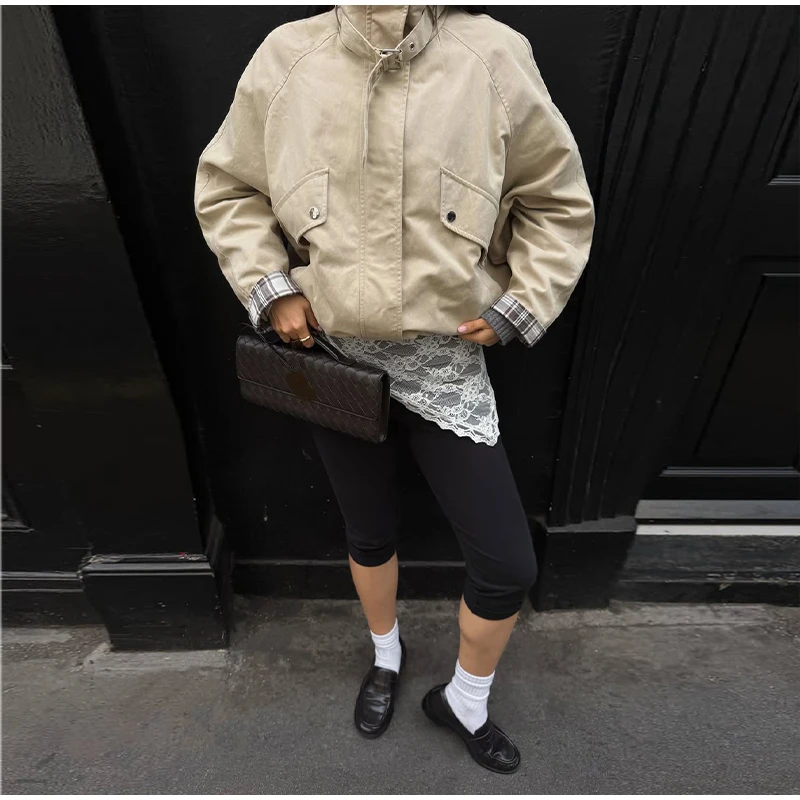 Fashion Stand Collar Strap Buckle Long Sleeve Jacket Utility Pocket Cropped 2026 Fall Casual Women Outerwear Chic Lady Coat