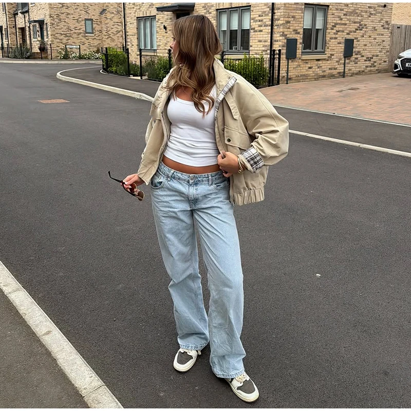 Fashion Stand Collar Strap Buckle Long Sleeve Jacket Utility Pocket Cropped 2026 Fall Casual Women Outerwear Chic Lady Coat