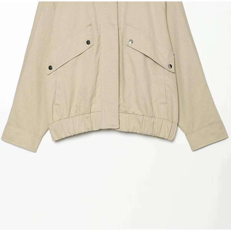 Fashion Stand Collar Strap Buckle Long Sleeve Jacket Utility Pocket Cropped 2026 Fall Casual Women Outerwear Chic Lady Coat