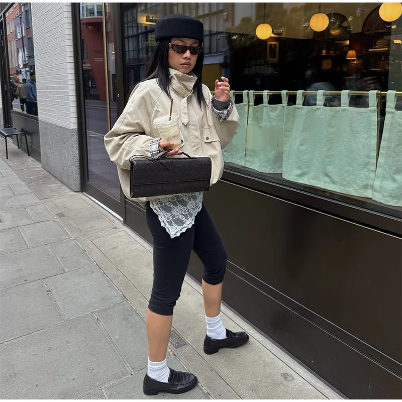 Fashion Stand Collar Strap Buckle Long Sleeve Jacket Utility Pocket Cropped 2026 Fall Casual Women Outerwear Chic Lady Coat
