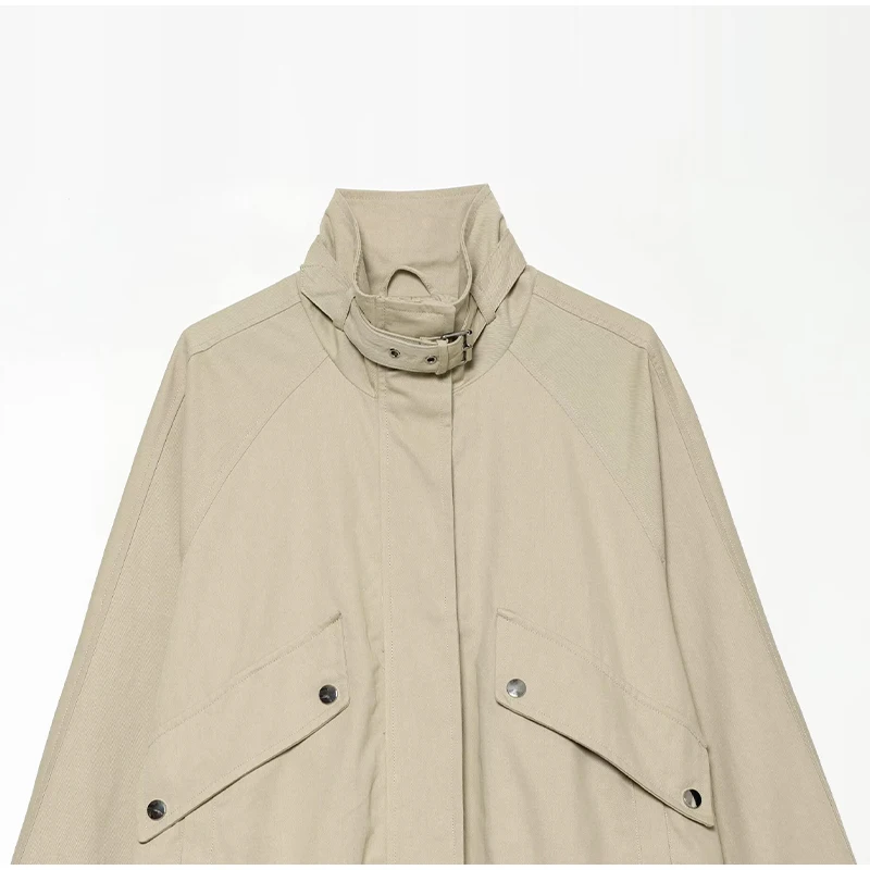 Fashion Stand Collar Strap Buckle Long Sleeve Jacket Utility Pocket Cropped 2026 Fall Casual Women Outerwear Chic Lady Coat
