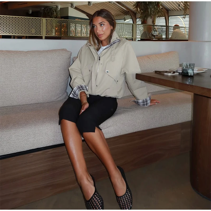 Fashion Stand Collar Strap Buckle Long Sleeve Jacket Utility Pocket Cropped 2026 Fall Casual Women Outerwear Chic Lady Coat