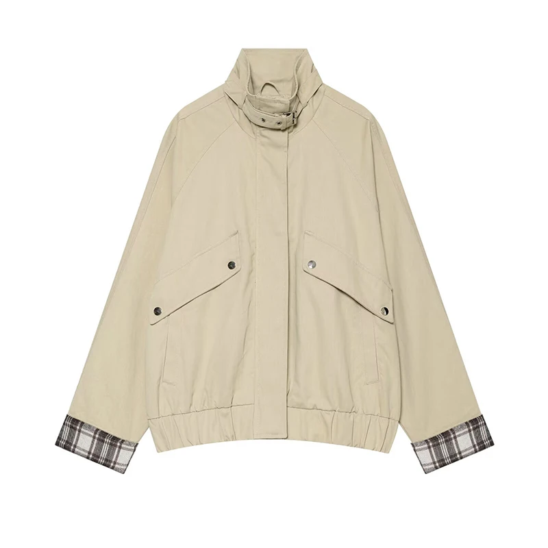 Fashion Stand Collar Strap Buckle Long Sleeve Jacket Utility Pocket Cropped 2026 Fall Casual Women Outerwear Chic Lady Coat