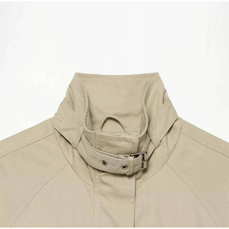 Fashion Stand Collar Strap Buckle Long Sleeve Jacket Utility Pocket Cropped 2026 Fall Casual Women Outerwear Chic Lady Coat