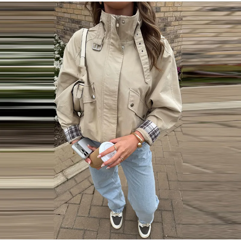 Fashion Stand Collar Strap Buckle Long Sleeve Jacket Utility Pocket Cropped 2026 Fall Casual Women Outerwear Chic Lady Coat