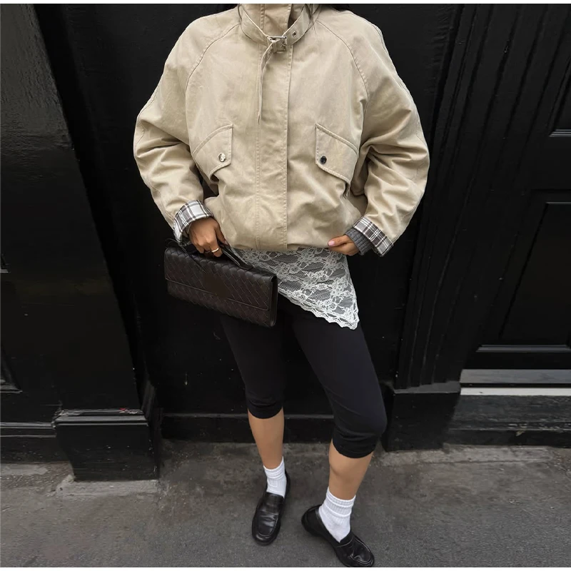 Fashion Stand Collar Strap Buckle Long Sleeve Jacket Utility Pocket Cropped 2026 Fall Casual Women Outerwear Chic Lady Coat