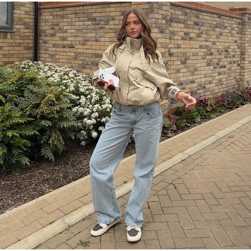 Fashion Stand Collar Strap Buckle Long Sleeve Jacket Utility Pocket Cropped 2026 Fall Casual Women Outerwear Chic Lady Coat